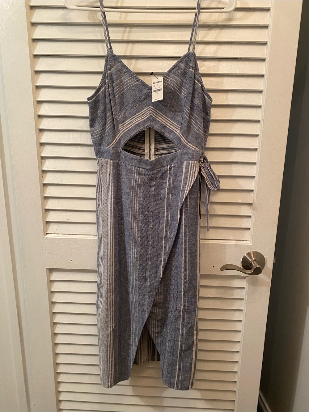 Express Blue & White Striped Cutout Wrap Dress